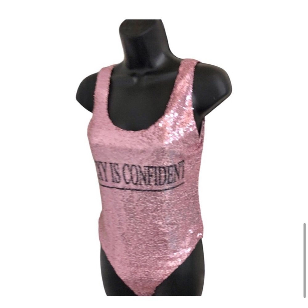 pink sequin scoop‎ back sexy is confident round neck bodysuit size large new